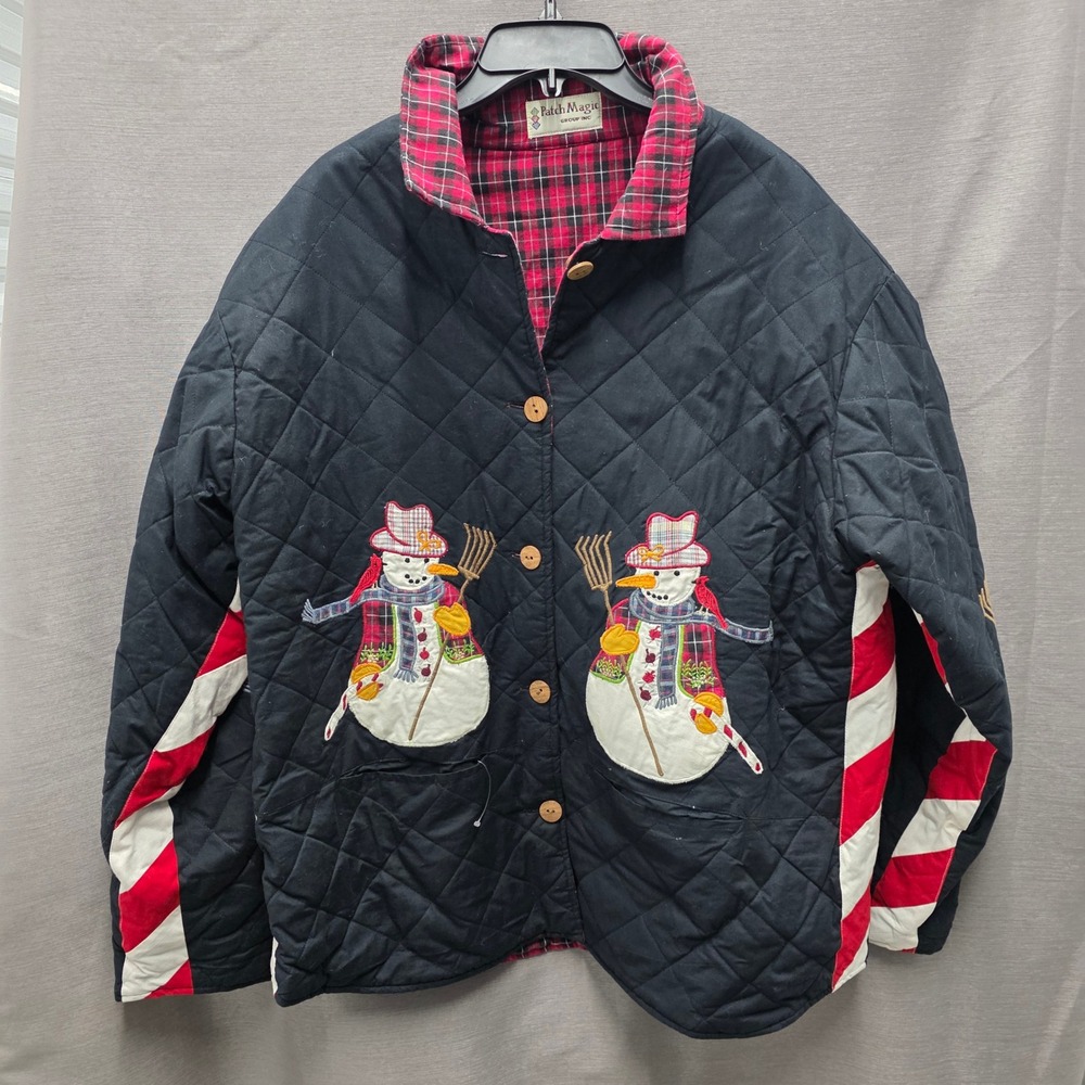 Patch Magic Snowman Quilted Jacket Black Red Plaid Holiday Winter Coat Women